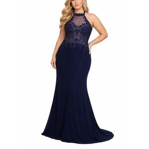 Avery G Beaded Lace Backless Long A-Line Evening Gown Blue Size 12 Formal Dress